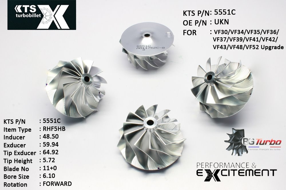 Turbo ROUE FORGÉE MFS PERFORMANCE - 11+0 PALES - INDUCER : 48,5 - EXDUCER : 59,94 - TYPE : RHF5HBANGLE : 60° - ROTATION : Forward - SUPER BACK : 3,71 - BORE SIZE : 6,1

